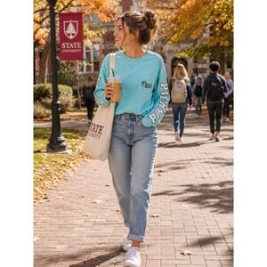 PINK Victoria's Secret Long Sleeve Pocket Tee Womens XS Aqua Blue Logo Graphic T